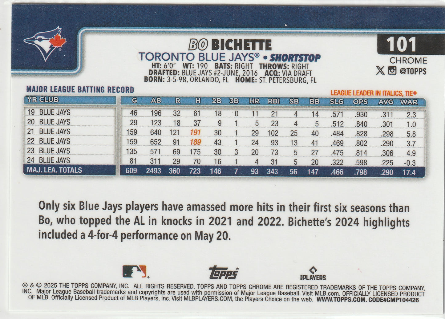 2025 Topps Chrome Baseball Bo Bichette Gold Refractor #02/50 #101 - Back
