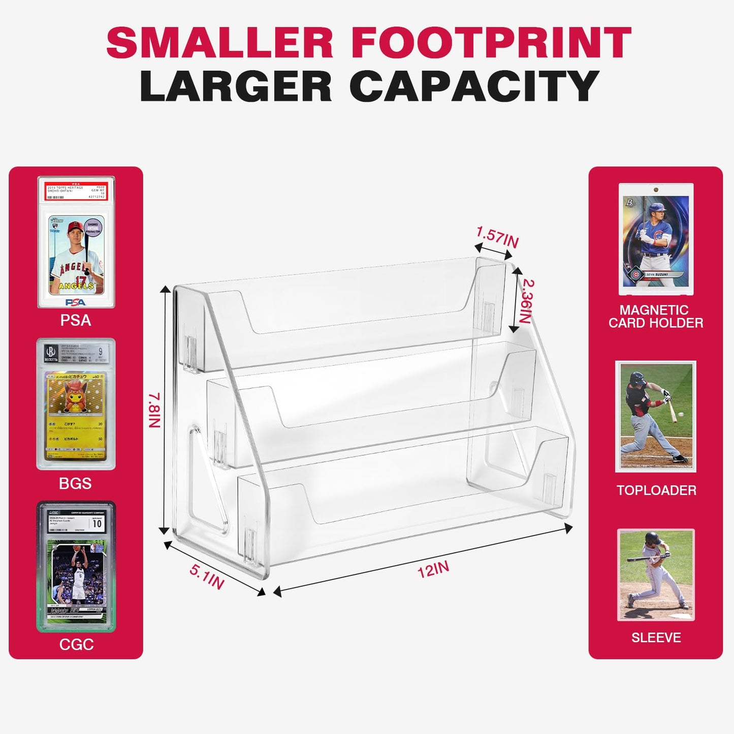 Trading Card Display Stand, Vertical Holder for Baseball Basketball Sports Graded Card Display Stand Tabletop for PSA BGS SGC Slabs, Snap-On Assembly(5 Tier, 1 Pack)