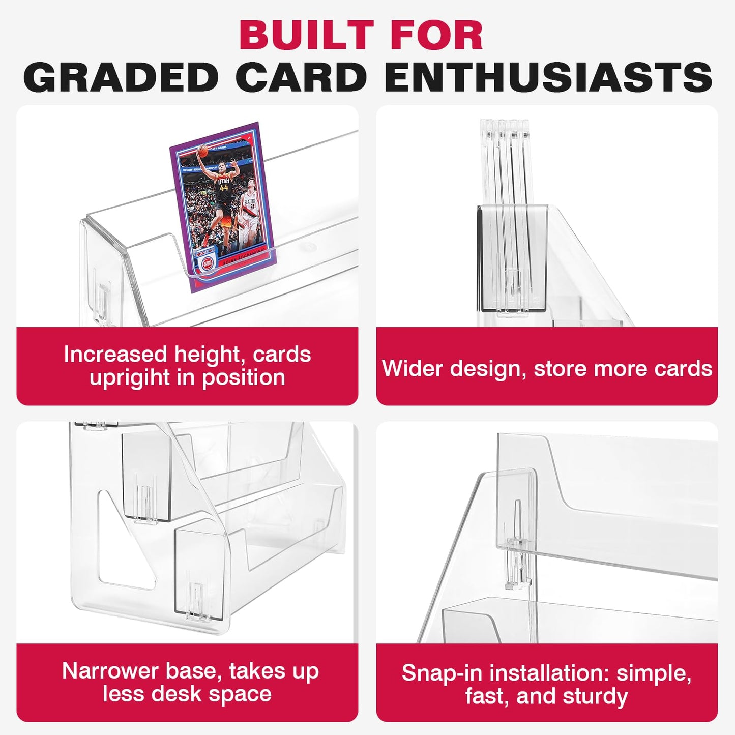 Trading Card Display Stand, Vertical Holder for Baseball Basketball Sports Graded Card Display Stand Tabletop for PSA BGS SGC Slabs, Snap-On Assembly(5 Tier, 1 Pack)