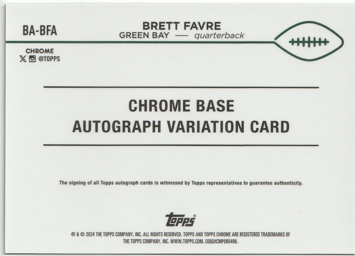2024 Topps Chrome Brett Favre Orange Refractor Autograph #10/25 - Back