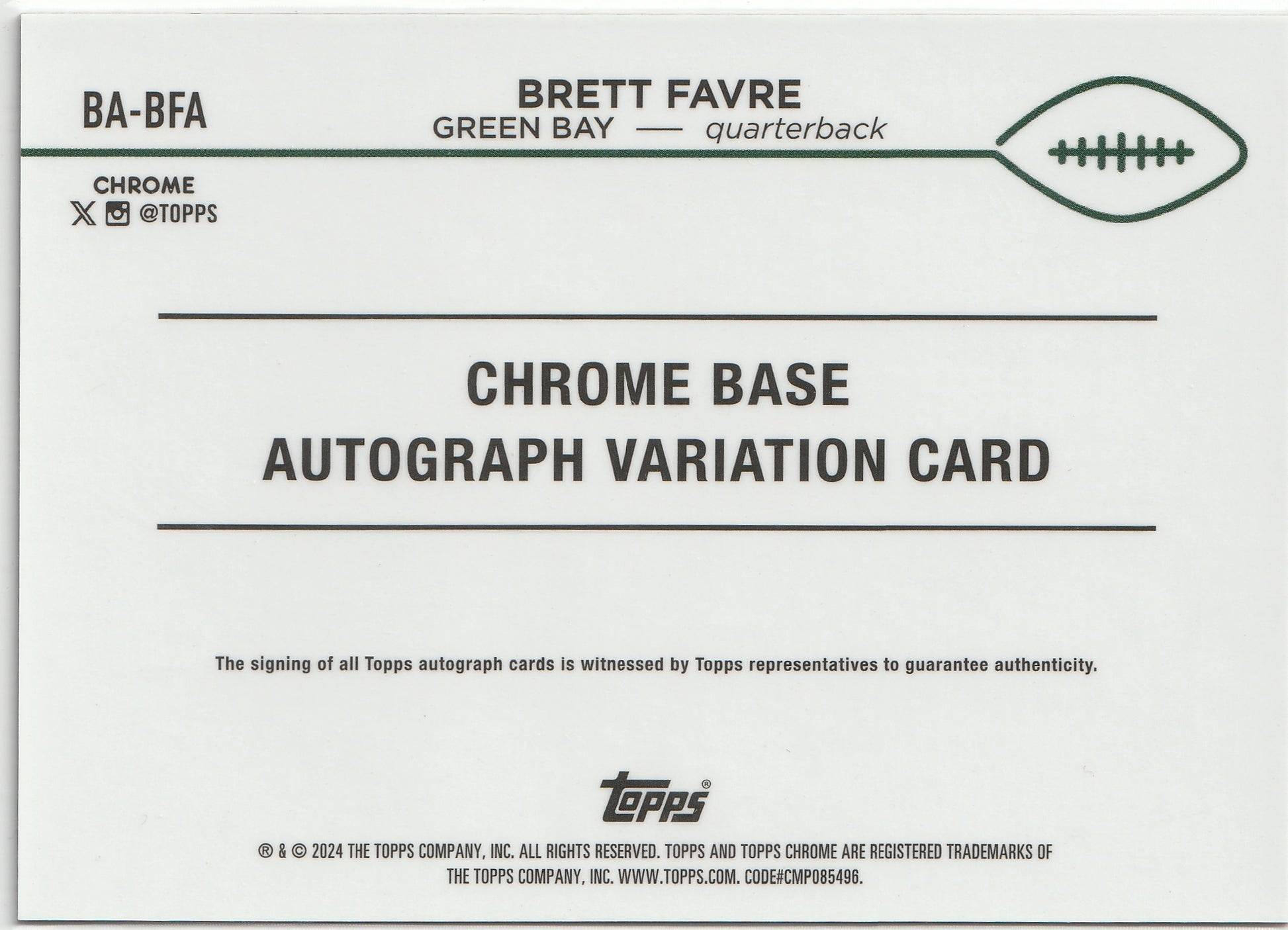 2024 Topps Chrome Brett Favre Orange Refractor Autograph #10/25 - Back