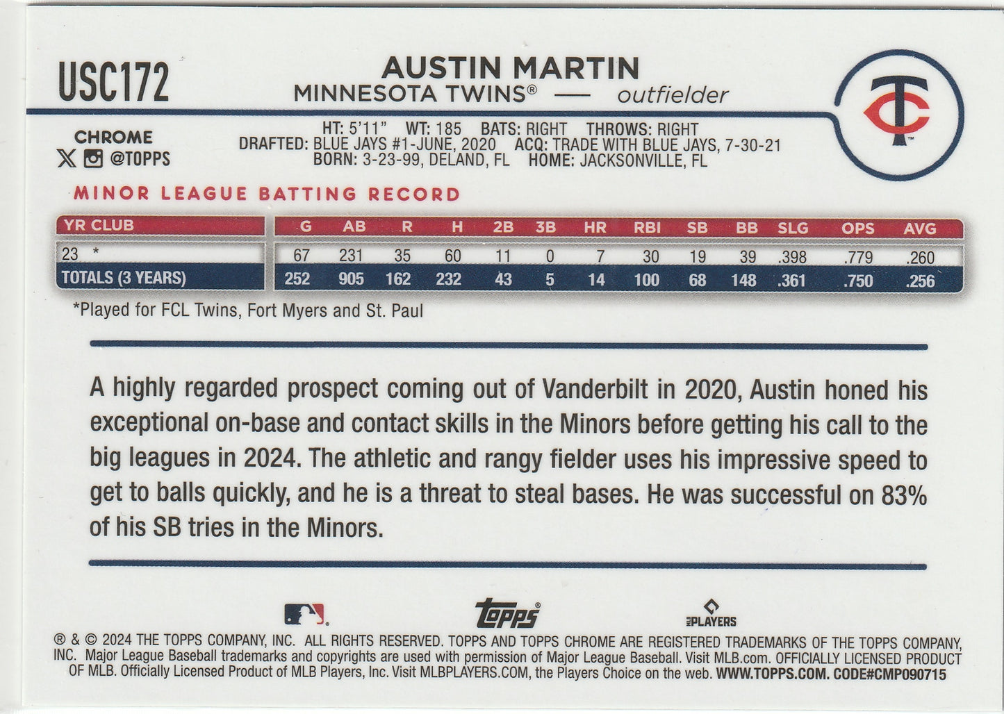 2024 Topps Chrome Update Austin Martin Black Parallel Rookie Card #01/10 USC172 - Back
