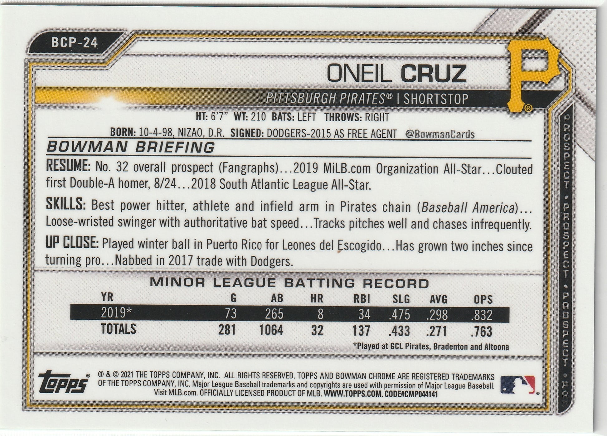 2021 Bowman Chrome O'Neil Cruz Green Refractor #30/99 BCP-24 - Back
