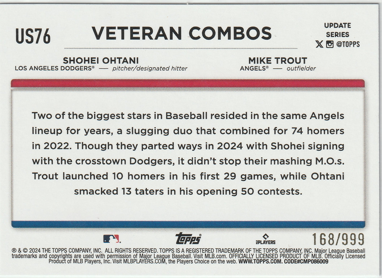 2024 Topps Update Shohei Ohtani Mike Trout How You Been? Blue Foil SP #US76 168/999 - Back