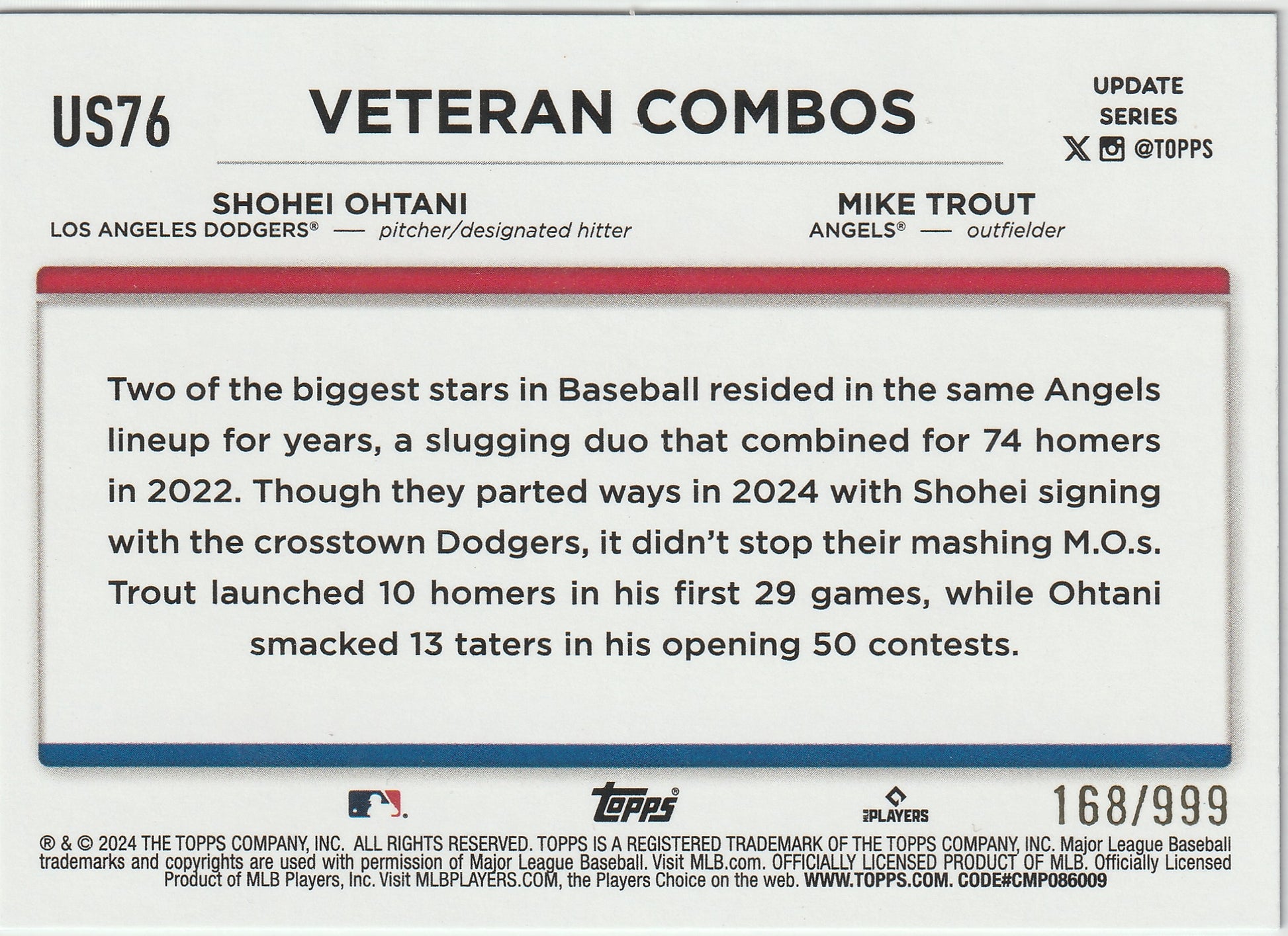 2024 Topps Update Shohei Ohtani Mike Trout How You Been? Blue Foil SP #US76 168/999 - Back
