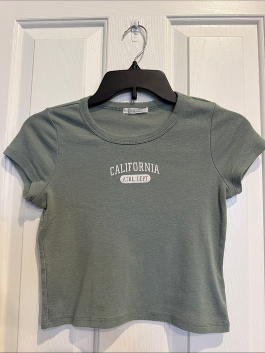 Full Tilt Women's Sage Green California Graphic Crop Tee L