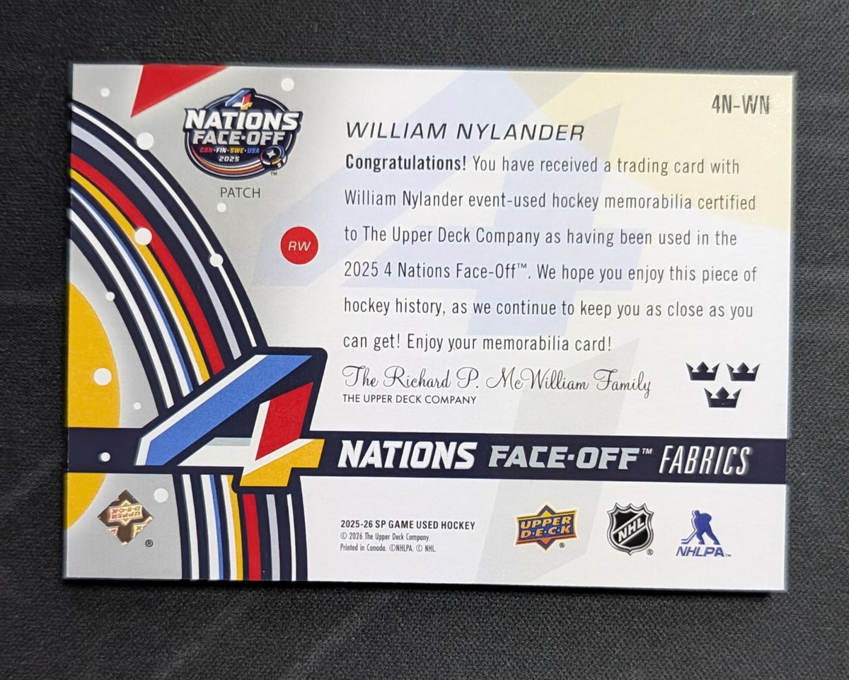 Upper Deck 2025-26 SP Game Used Nations Face-Off Fabrics William Nylander #06/15