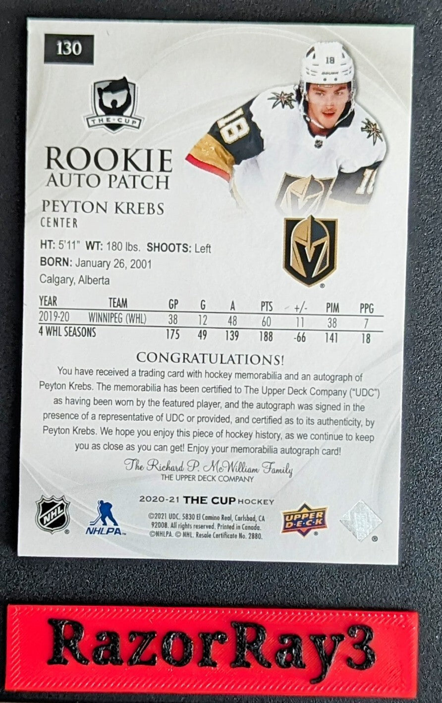 Upper Deck 2020-21 The Cup Peyton Krebs Rookie Auto Patch Gold #01/24
